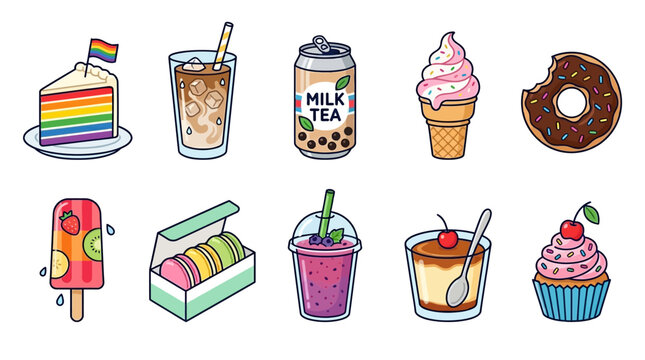 Trendy dessert and beverage flat icon collection: rainbow cake, iced latte, milk tea can, soft ice cream, chocolate donut, fruit popsicle, macaroon box, smoothie cup, pudding cup, and cupcake.