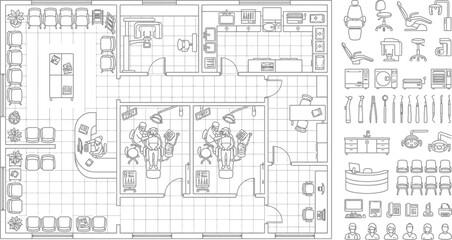 Obraz premium Architectural floor plan of a modern office space with furniture layout icons