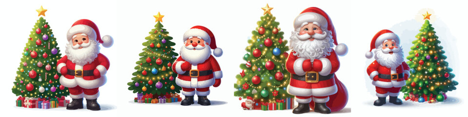Fototapeta premium Set of vector illustrations of Santa Claus and Christmas tree on a simple white background