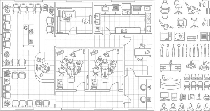 Architectural floor plan of a modern office space with furniture layout icons
