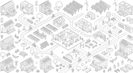 Obraz premium Isometric city map layout with buildings and urban infrastructure, isometric