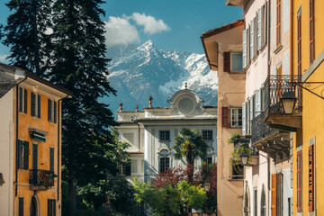 Chiavenna old town against snowcapped mountains in spring, Lombardy, Italy © JFL Photography