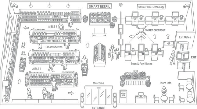 Detailed retail store layout floor plan with shopping aisles, floorplan