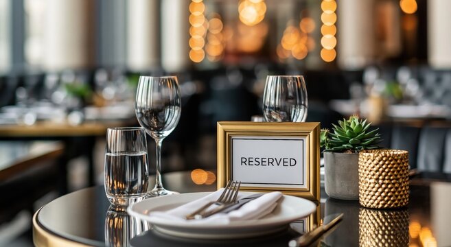 Reserved table sign in modern restaurant for fine dining service booking reservation dinner