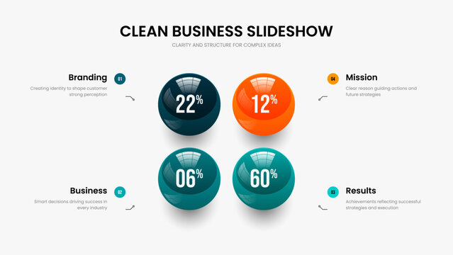 Creative Proposal 4 Element Infographic Slideshow Layout. Service Development Four Step Diagram Slide Template. Business Insight Frame Design Vector Illustration.