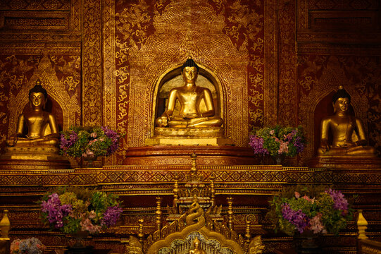 Phra phuttha sihing (Phra Singh) with golden Buddha statues in viharn lai kam, Wat phra singh, Chiang mai, Thailand.