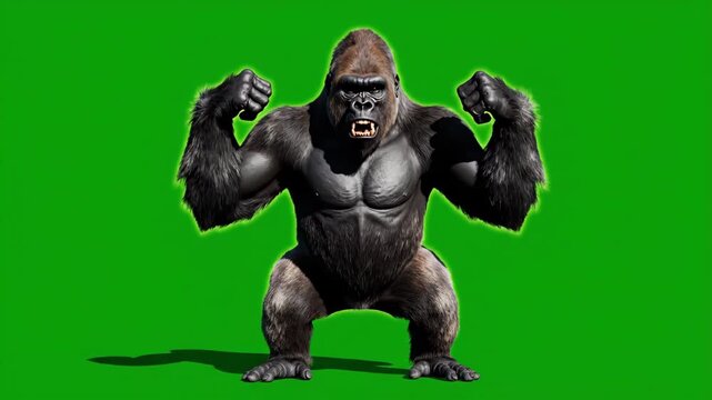 Green Screen Silverback Gorilla Standing Bipedally in Aggressive Fighting Pose Flexing Muscular Arms