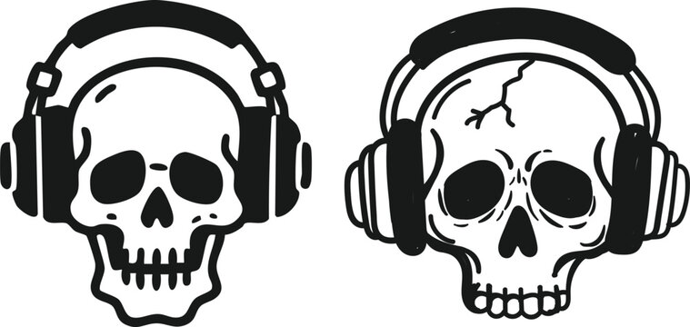 Skull wearing headphone vector illustration set for streetwear and music poster