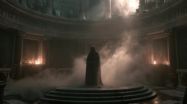 A Roman oracle priestess inspired by Sibylline traditions stands within a subterranean marble sanctum. Glowing vapor, celestial inscriptions, and prophetic visions create a timeless atmosphere.