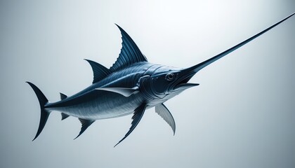 Fototapeta premium Swordfish swims through clear deep water in a realistic illustration.