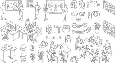Obraz premium Modern office workplace isometric illustration and workspace elements