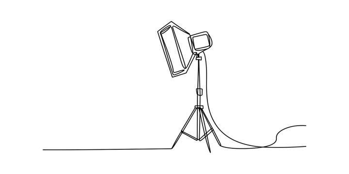 Continuous line drawing of a studio light on a tripod with a cable, simple illustration Vector, illustration