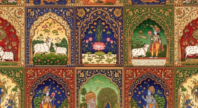 Vibrant Indian Miniature Paintings Depicting Religious Scenes and Deities.