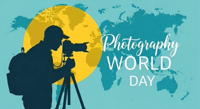 World photography day concept silhouette photographer with globe and world map illustration