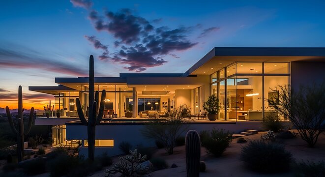 Modern luxury residential architecture at dusk with warm lighting and desert landscape. arizona modern homes