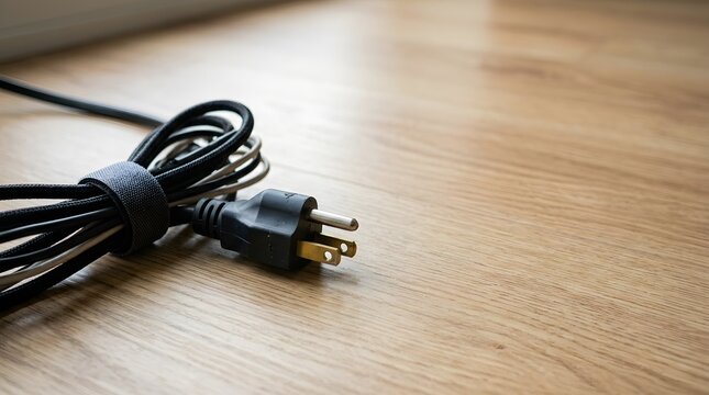 organized extension cord with power plug on wooden floor symbolizing electrical safety and household cable management
