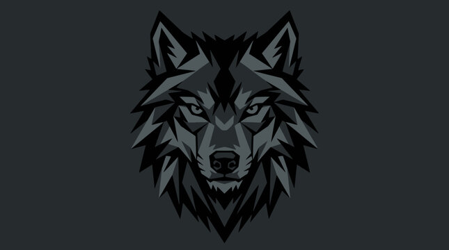 A stylized geometric illustration of a fierce wolf head on a dark background