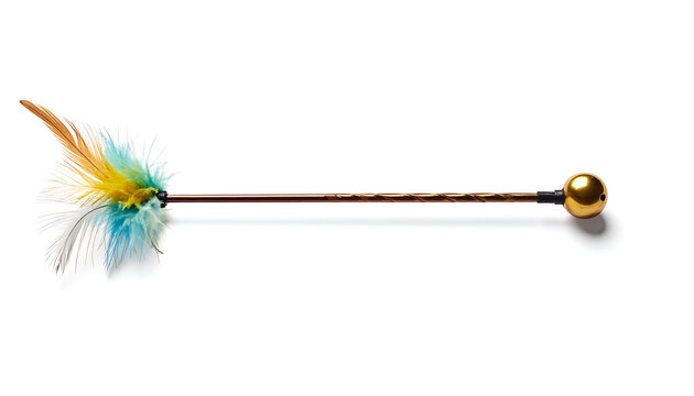 Isolated cat toy with colorful feathers and golden ball on a white background, playful pet accessory