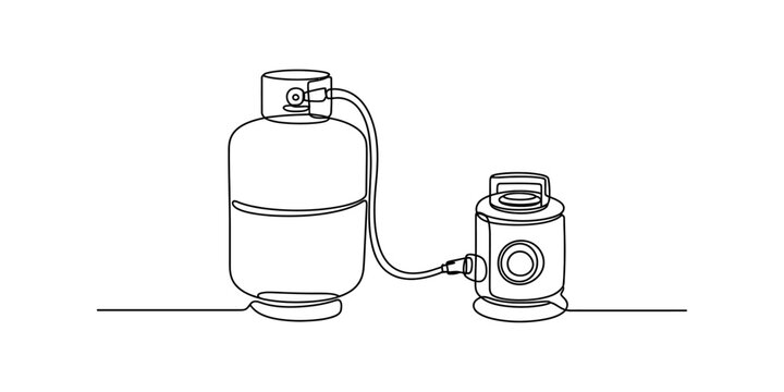Single line drawing of a propane tank connected to a portable heater with a hose Vector, illustration