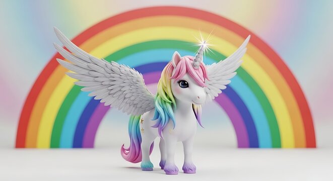 Cute Winged Unicorn Standing Before Colorful Rainbow in Pastel Fantasy Scene