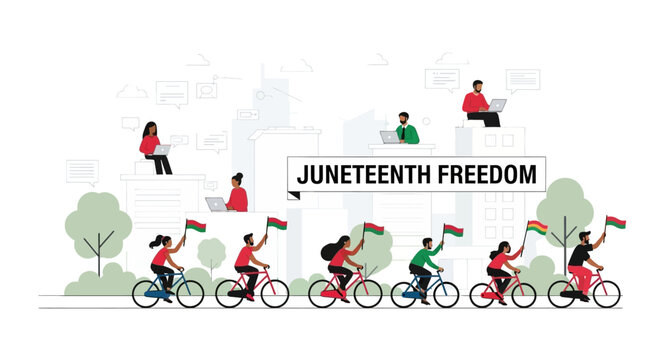Group of bicyclists celebrating juneteenth freedom banner.