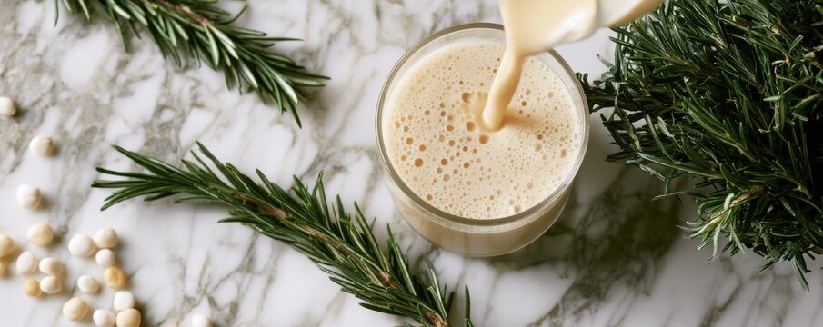 Creamy frothy drink being poured into  glass with fresh rosemary sprigs on marble
