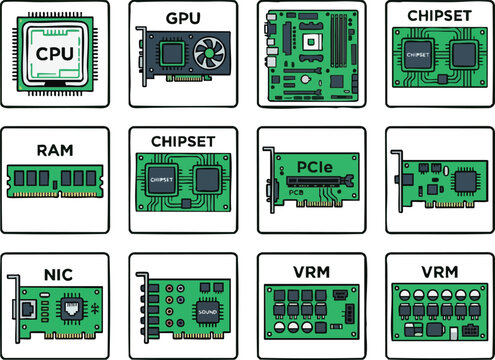 Computer Hardware Components and PC Parts Icon Set