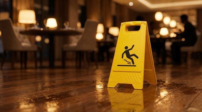 Panneau jaune d'avertissement de sol mouill&eacute; dans un restaurant. Concept de s&eacute;curit&eacute; des clients, de responsabilit&eacute; civile et de poursuite pour dommages corporels
