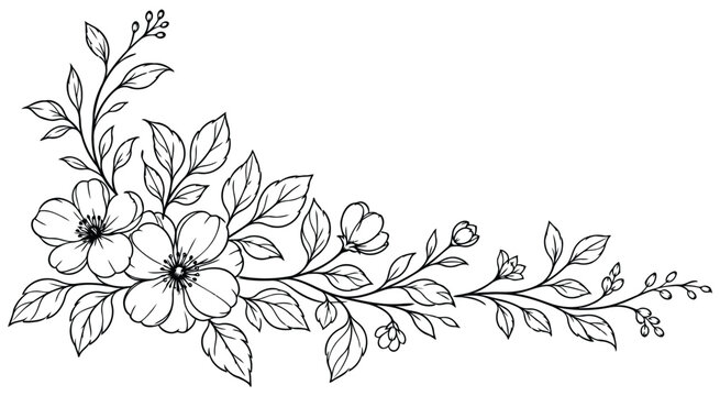 Elegant botanical line art corner border featuring blooming flowers and leafy branches in black and white.