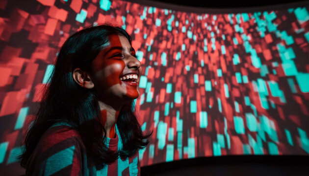 Close up portrait of a happy smiling girl with vibrant red and green abstract geometric light patterns projected onto her face at an interactive digital media art exhibition gallery