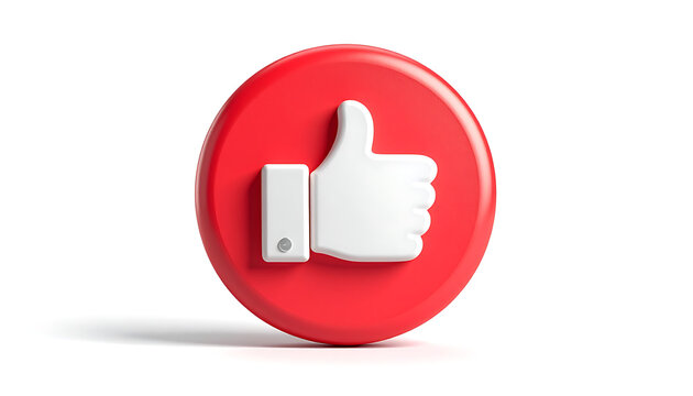 Isolated red circular button with a white thumbs up icon inside, representing approval and positive feedback on a clean background