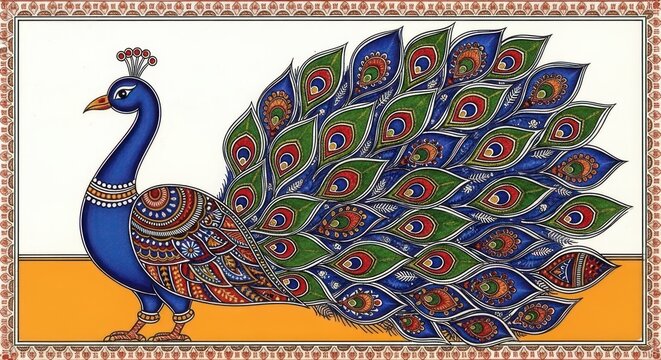 Vibrant Indian Peacock Art Illustration with Intricate Details.