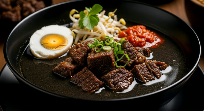 Traditional Indonesian Rawon Beef Soup with Egg and Sambal