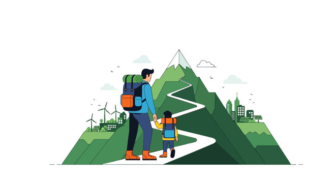 Father and son hike towards a sustainable future city