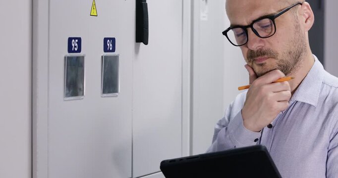 Attentive bald man matches digital meter display with documented data. Professional worker compares technical meter values with structured information in report sheet