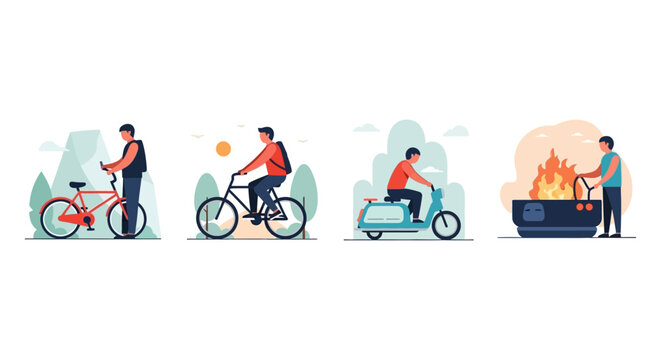 Vector illustration set of outdoor travel, cycling, and camping activities