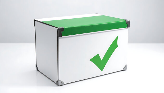 Isolated storage box with green checkmark symbol, logistics and delivery confirmation concept, decision made, approval sign