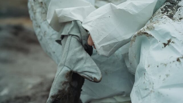 Gloved hands removing contaminated gloves revealing bare hands on frozen ground, researcher kneeling in white protective suit stained with dirt, tense postapocalyptic winter mood, closeup texture