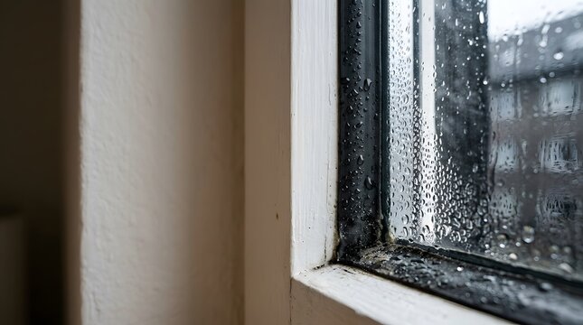 black mold growth around wet residential window frame caused by condensation and poor ventilation indoors