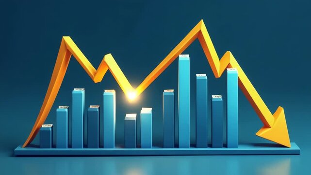 Stock Market Crash Illustration with Decreasing Graph and Arrow Going Down.. chart growth achievement digital. business growth currency stock and investment economy. Graph trending downwards.