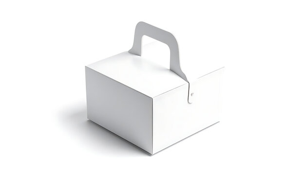 Isolated white cardboard gift box with handle, empty package for presents, bakery or party favors