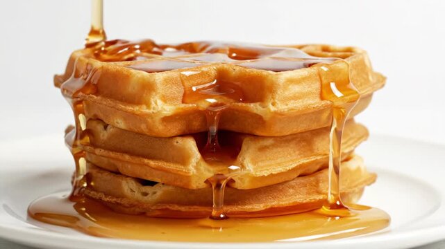 Maple Syrup Dripping Down a Stack of Golden Brown Heart-Shaped Waffles