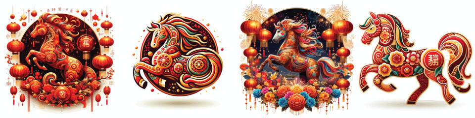 Obraz premium Set of Chinese New Year themed vector illustrations of the horse zodiac on a simple white background
