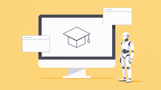 AI Revolutionizing Education Robot beside a Monitor with a Graduation Cap, Symbolizing the Future of Online Learning, E-Learning Platforms, and Advanced Academic Technology