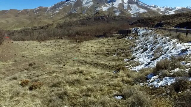 Dry golden grass covers hillside creating autumn nature and landscape documentary footage perfect for travel stock video.