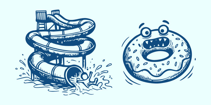Hand-Drawn Water Slide & Monster Donut Character Logo Icon Set in Blue Ink Style