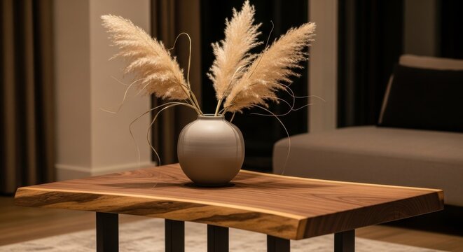Wooden coffee table, vase with pampas grass, modern living room decor, interior design elements