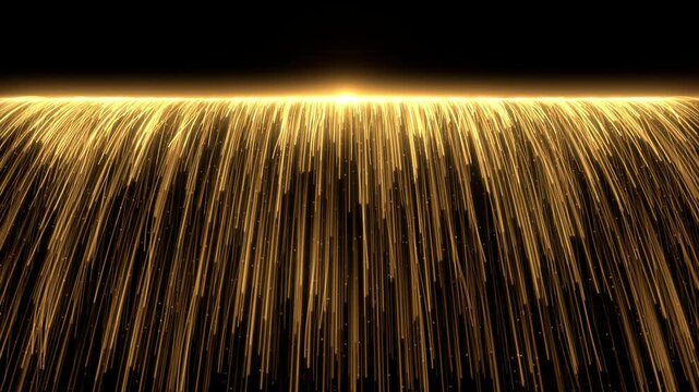 4k trailing light falling like a waterfall, particle light award stage background, abstract particle background, golden particle light falling background, celebration, festival, opening video.
