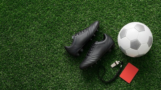 Creative flat lay of generic soccer cleats, a whistle, a red ca