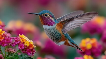 Fototapeta premium A hummingbird with a purple head hovering by pink and yellow lantana.
